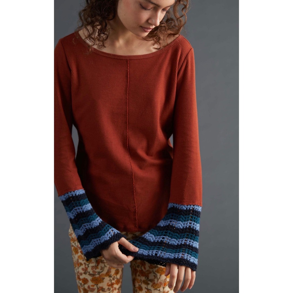 Pilcro Anthropologie Rust Crochet Bell Sleeve Top Boho 70s Retro Small